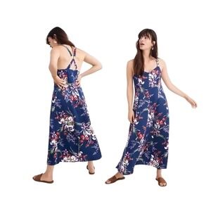 Madewell Navy Floral Print Midi Dress Strappy Back Size 14